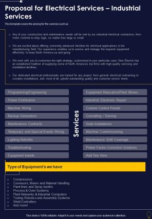 Proposal For Electrical Services Industrial Services One Pager Sample Example Document
