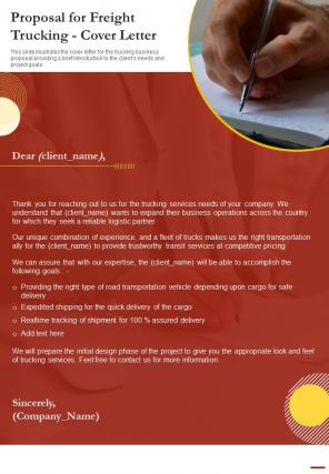 Proposal For Freight Trucking Cover Letter One Pager Sample Example Document