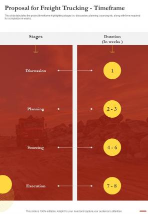 Proposal For Freight Trucking Timeframe One Pager Sample Example Document