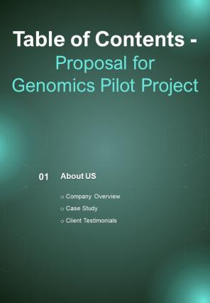 Proposal For Genomics Pilot Project For Table Of Contents One Pager Sample Example Document