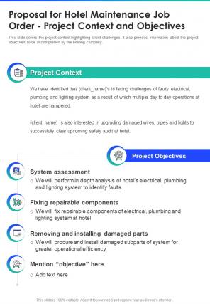 Proposal For Hotel Maintenance Job Order Project Context And Objectives One Pager Sample Example Document
