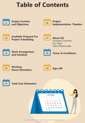 Proposal For Project Scheduling Table Of Contents One Pager Sample Example Document
