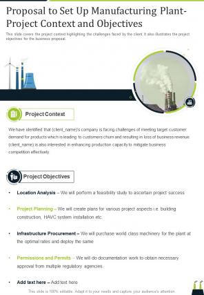 Proposal To Set Up Manufacturing Plant Project Context And Objectives One Pager Sample Example Document
