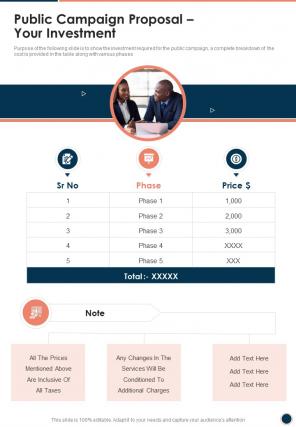 Public Campaign Proposal Your Investment One Pager Sample Example Document