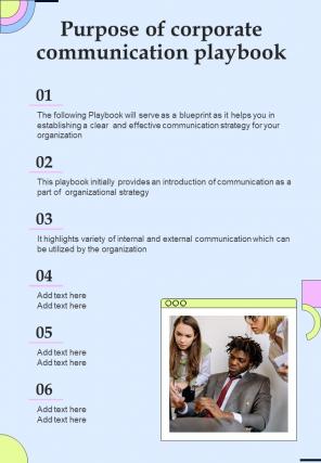Purpose Of Corporate Communication Playbook One Pager Sample Example Document