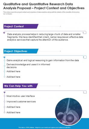 Qualitative And Quantitative Research Data Project Context And Objectives One Pager Sample Example Document