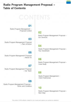Radio Program Management Proposal Table Of Contents One Pager Sample Example Document