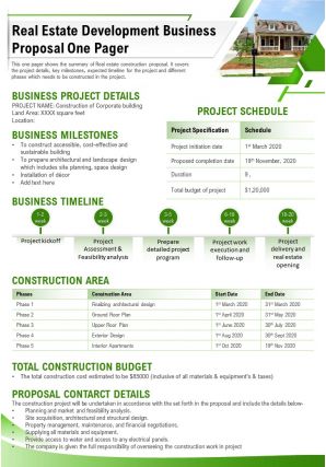 Real estate development business proposal one pager presentation report ppt pdf document