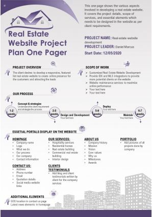 Real estate website project plan one pager presentation report infographic ppt pdf document