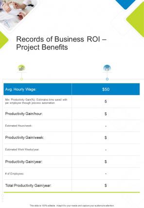 Records Of Business Roi Project Benefits Cont One Pager Sample Example Document
