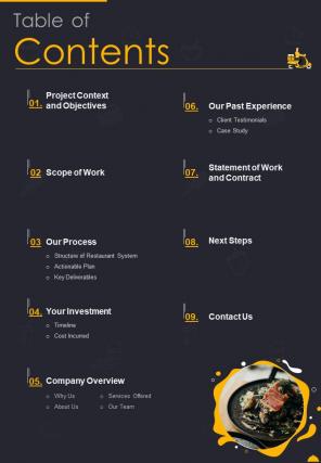 Restaurant Ecommerce Proposal Table Of Contents One Pager Sample Example Document