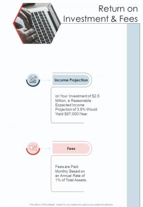 Return On Investment And Fees One Pager Sample Example Document