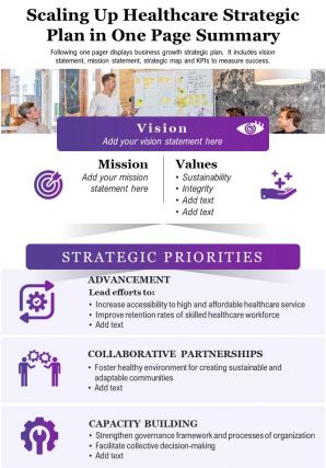 Scaling up healthcare strategic plan in one page summary presentation report infographic ppt pdf document