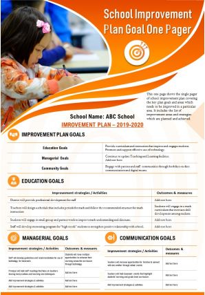 School improvement plan goal one pager presentation report infographic ppt pdf document
