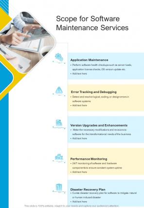 Scope For Software Maintenance Services One Pager Sample Example Document