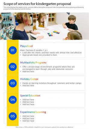 Scope Of Services For Kindergarten Proposal One Pager Sample Example Document
