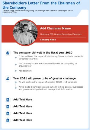 Shareholders letter from the chairman of the company template 79 report infographic ppt pdf document