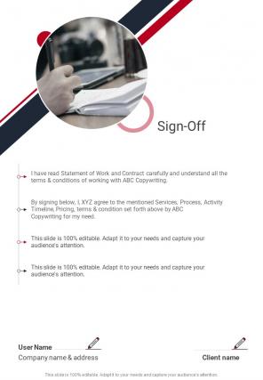 Sign Off Copywriting Services Proposal One Pager Sample Example Document
