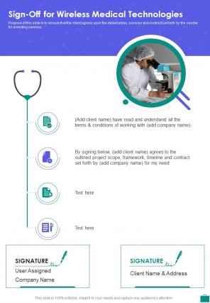 Sign Off For Wireless Medical Technologies One Pager Sample Example Document
