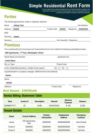 Simple residential rent form presentation report infographic ppt pdf document