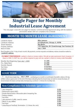 Single pager for monthly industrial lease agreement presentation report infographic ppt pdf document