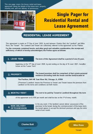 Single pager for residential rental and lease agreement presentation report infographic ppt pdf document