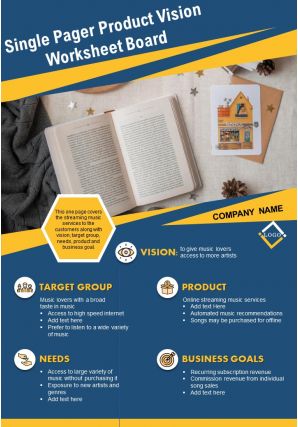 Single pager product vision worksheet board presentation report infographic ppt pdf document