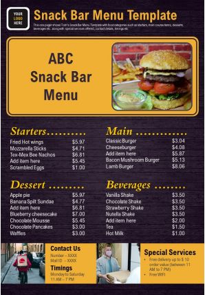 Snack bar menu template presentation report infographic ppt pdf document