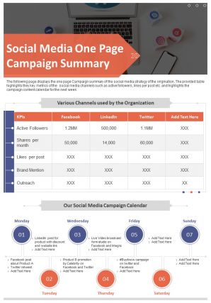 Social media one page campaign summary presentation report infographic ppt pdf document