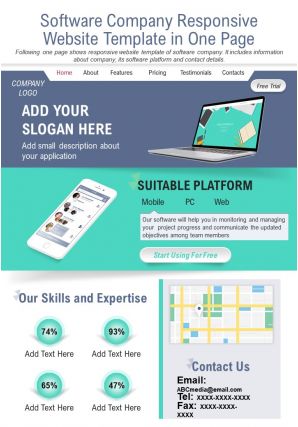 Software company responsive website template in one page report ppt pdf document