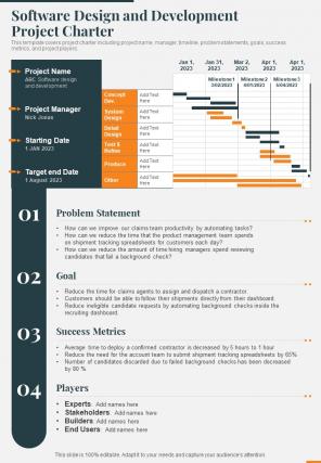 Software Design And Development Project Charter One Pager Sample ...
