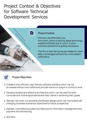 Software Technical Development For Project Context And Objectives One Pager Sample Example Document
