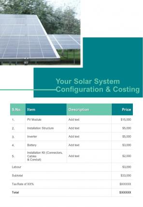 Solar Proposal Template Your Solar System Configuration And Costing One Pager Sample Example Document