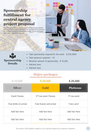 Sponsorship Fulfillment For Central Agency Project Proposal One Pager Sample Example Document