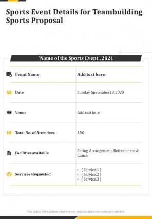 Sports Event Details For Teambuilding Sports Proposal One Pager Sample Example Document