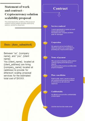 Statement Of Work And Contract Cryptocurrency Solution One Pager Sample Example Document