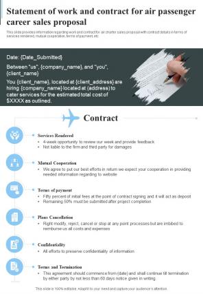 Statement Of Work And Contract For Air Passenger Career Sales Proposal One Pager Sample Example Document
