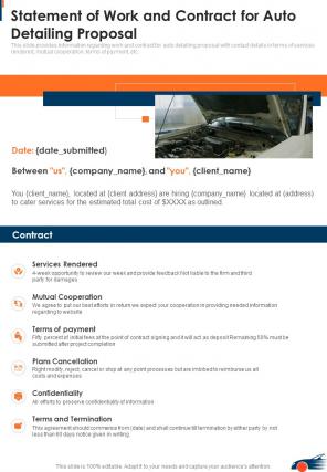 Statement Of Work And Contract For Auto Detailing Proposal One Pager Sample Example Document