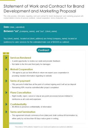 Statement Of Work And Contract For Brand Development And Marketing One Pager Sample Example Document