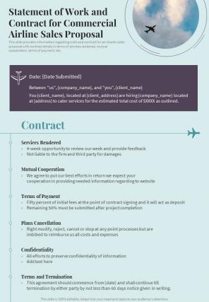Statement Of Work And Contract For Commercial Airline Sales One Pager Sample Example Document