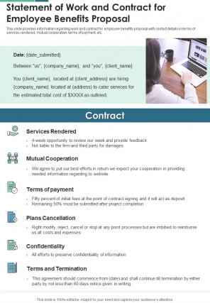 Statement Of Work And Contract For Employee Benefits Proposal One Pager Sample Example Document