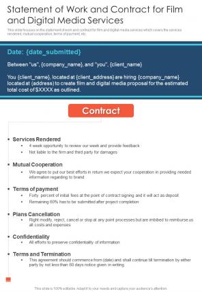 Statement Of Work And Contract For Film And Digital Media Services One Pager Sample Example Document