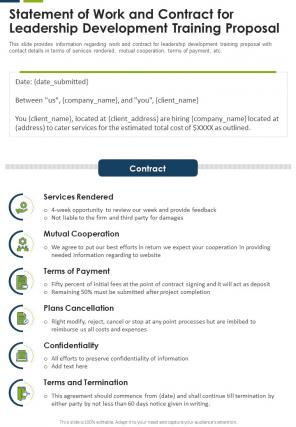 Statement Of Work And Contract For Leadership Development One Pager Sample Example Document