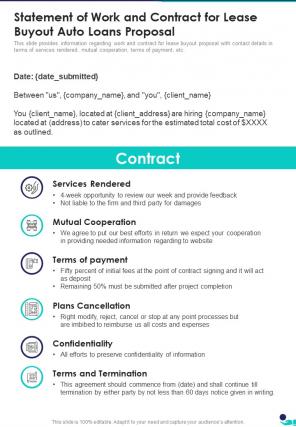 Statement Of Work And Contract For Lease Buyout Auto Loans Proposal One Pager Sample Example Document