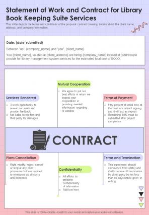 Statement Of Work And Contract For Library Book Keeping Suite One Pager Sample Example Document