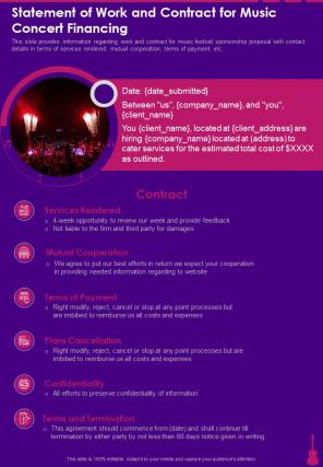 Statement Of Work And Contract For Music Concert Financing One Pager Sample Example Document