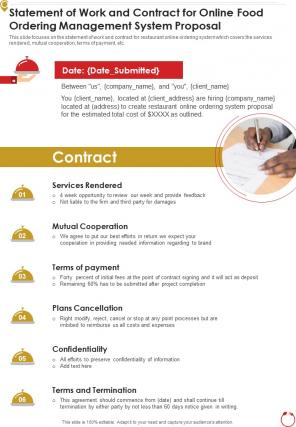Statement Of Work And Contract For Online Food Ordering Management One Pager Sample Example Document
