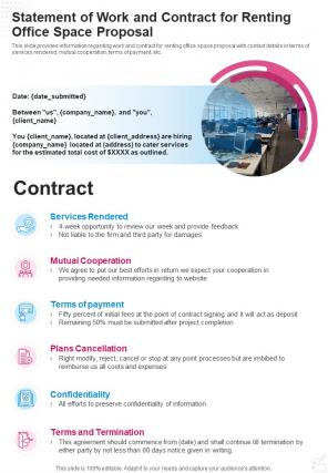 Statement Of Work And Contract For Renting Office Space One Pager Sample Example Document