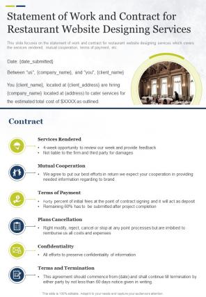 Statement Of Work And Contract For Restaurant Website Designing Services One Pager Sample Example Document