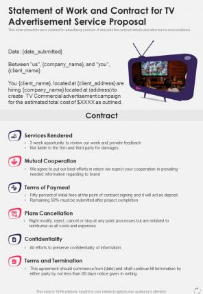 Statement Of Work And Contract For Tv Advertisement Service Proposal One Pager Sample Example Document